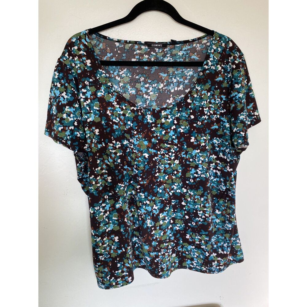 Elementz Abstract Floral Mosaic Knit Top Short Sleeve Teal Green Blouse Plus XL